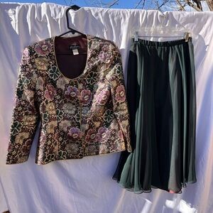 Karen Lawrence by Matthew vintage multi-floral suit jacket/dark green skirt.